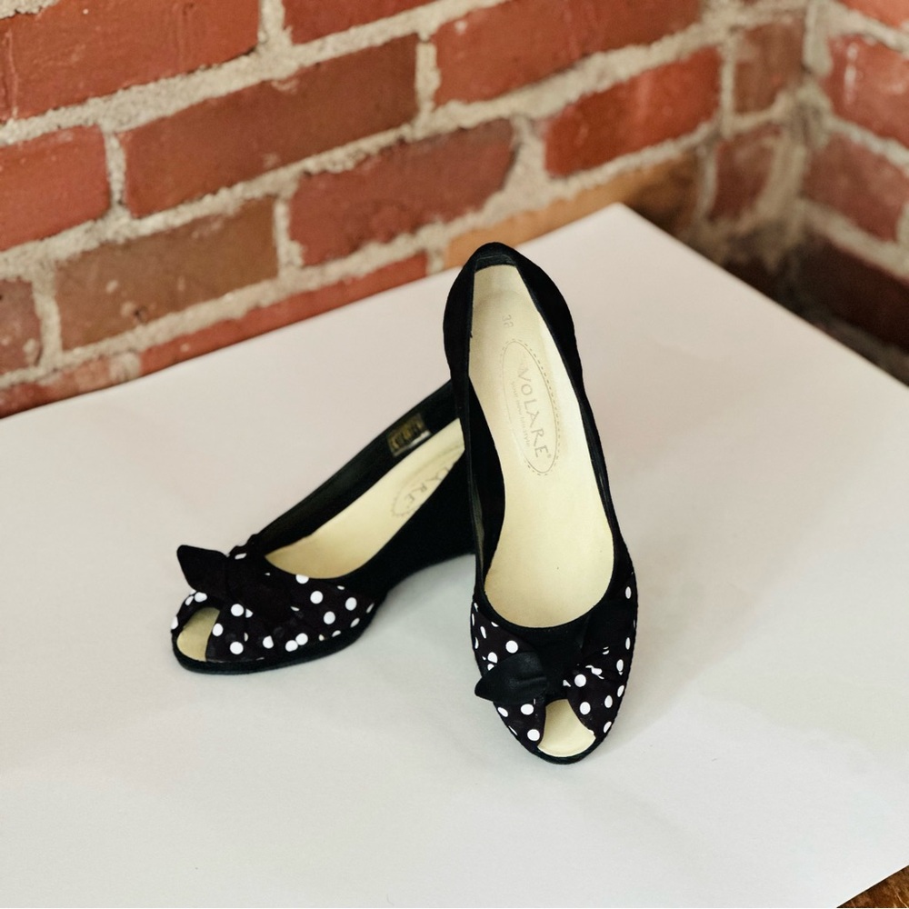 Black Suede Polka Dot Wedge Heels Peep Toe Bow Italy